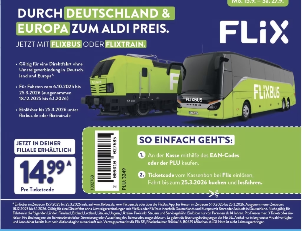 FlixBus Gutschein für 14,99 Euro ab 15.09.2025 bei Aldi Nord