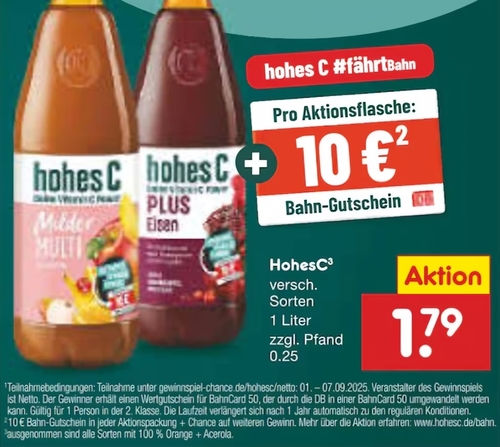 Hohes C Aktionsflasche kaufen, einen 10€ Bahn-Gutschein erhalten