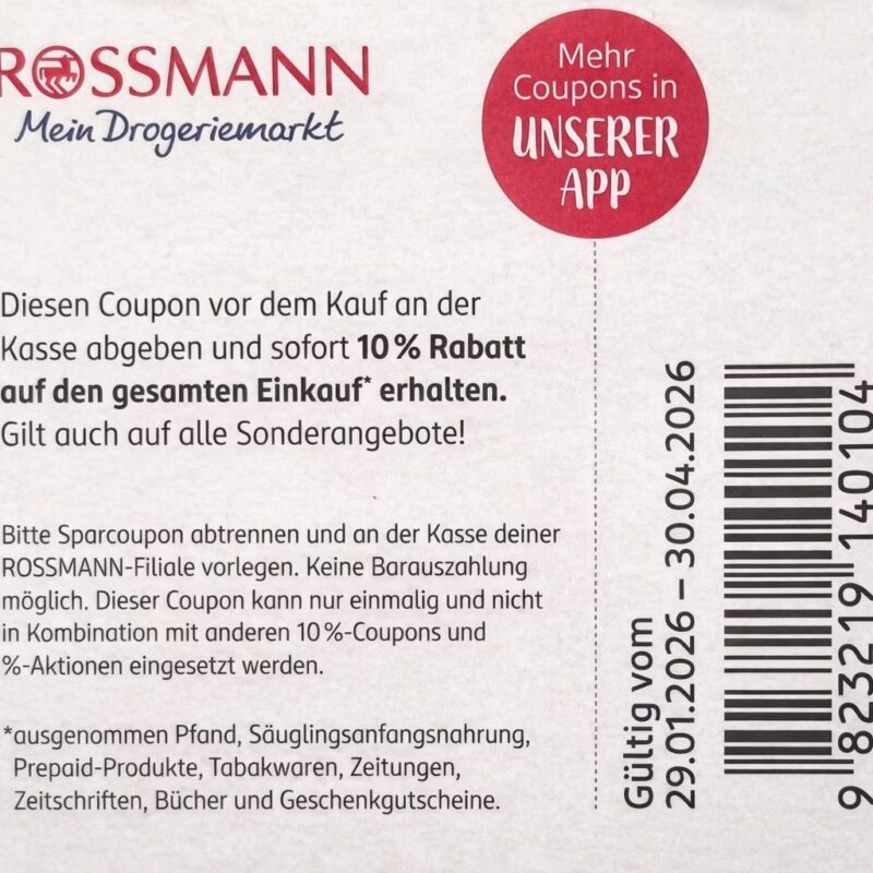 ROSSMANN Gutschein – 10% Rabatt bis 30.04.2026 ROSSMANN Gutschein – 10% Rabatt bis 30.04.2026